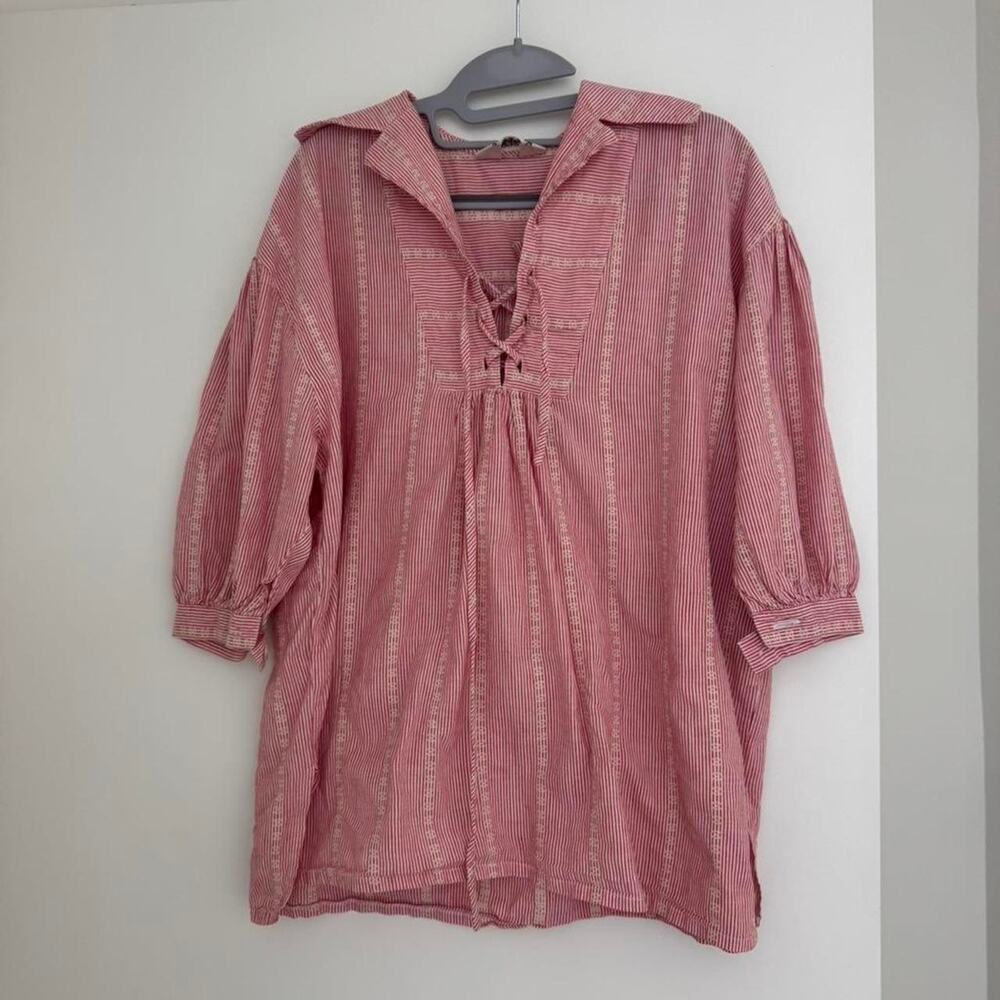 Vintage boho red white striped cotton peasant blouse - Picture 7 of 8